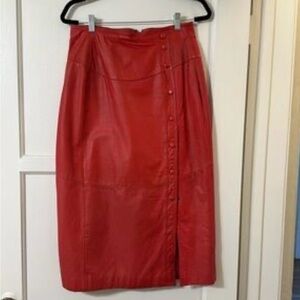 Wilsons Leather Red Pencil Skirt with button detail